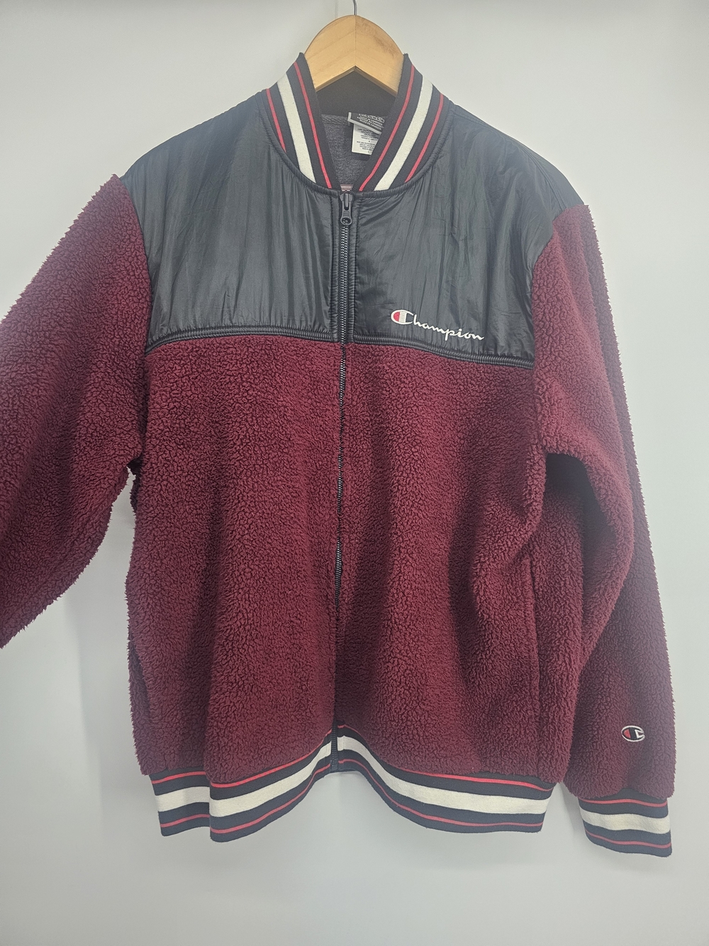 Champion Burgundy Sherpa Fleece Varsity Bomber Jacket Full Zip Men's Large